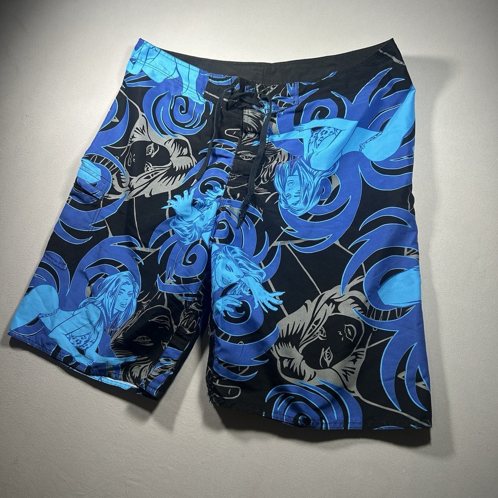 Hawaiian Island Creations Board Shorts Mens 38 Blue Graphic Tribal Print Y2K HIC - Picture 1 of 8